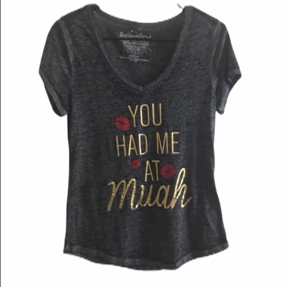 Rocker Girl Juniors M Dark Gray V-Neck Graphic Tee NWOT Edgy Casual